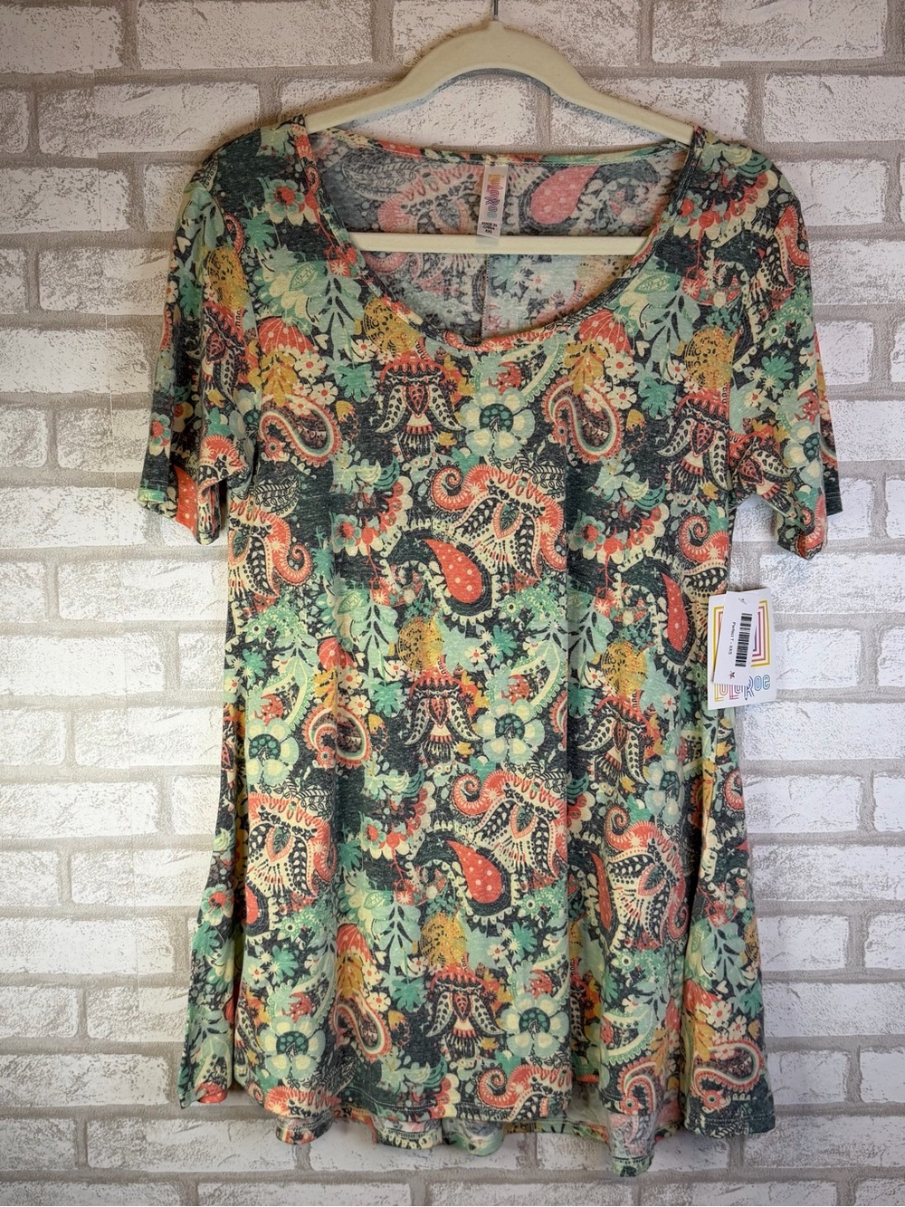 LuLaRoe Perfect T Paisley Floral Tunic Mint Coral Black Short Sleeve XXS NWT Top